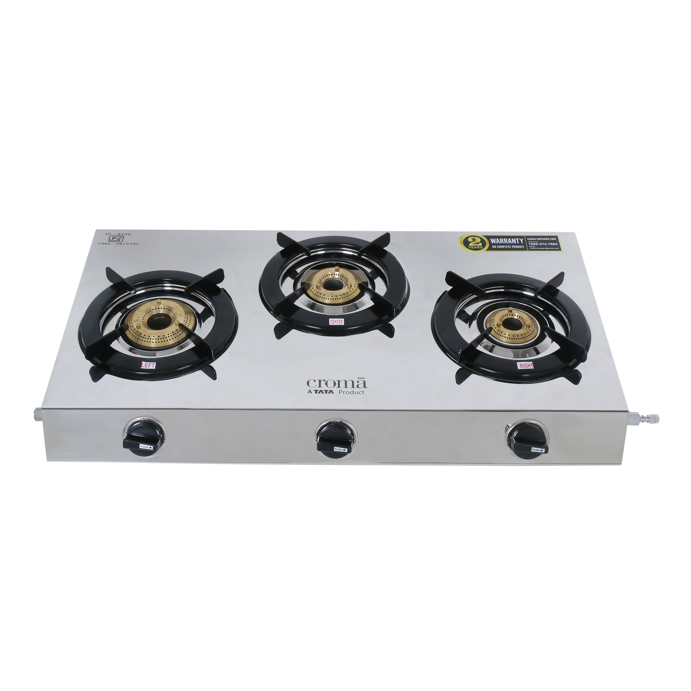 Buy Croma 3 Burner Manual Gas Stove (Stainless Steel, Silver